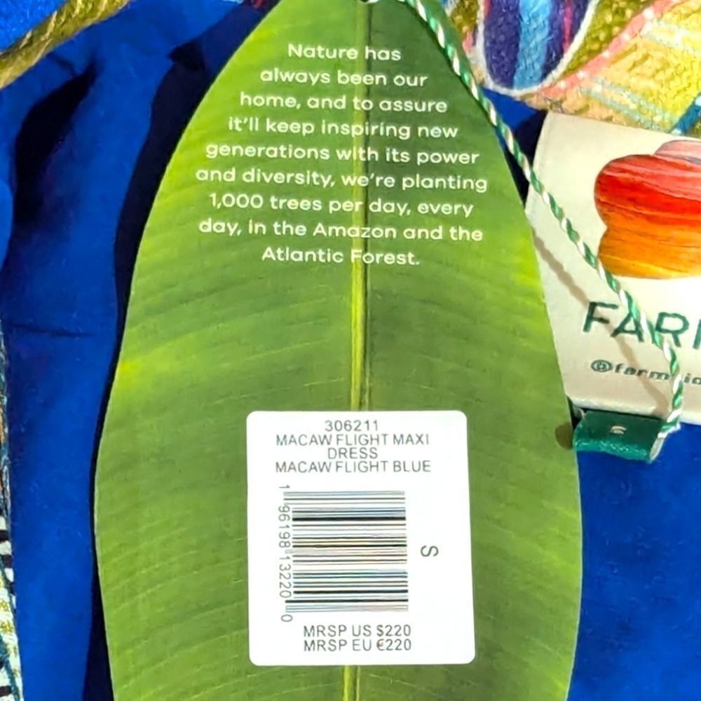 FARM Rio Blue Macaw Flight Maxi Dress Women's S Festive Colorful Bird Print NWT - Picture 9 of 10